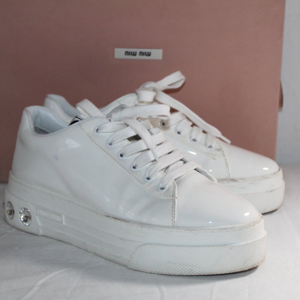 PRADA Patent Leather Crystal Skate Sneakers Flats Lace Up 39